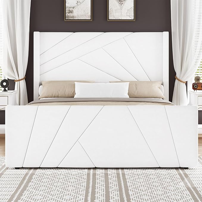 BarnFurin Queen Size Bed Frame, Velvet Upholstered Platform Bed with Geometric Tufted Headboard & Footboard, Wingback Design, Mattress Foundation with Wooden Slats, Cream White