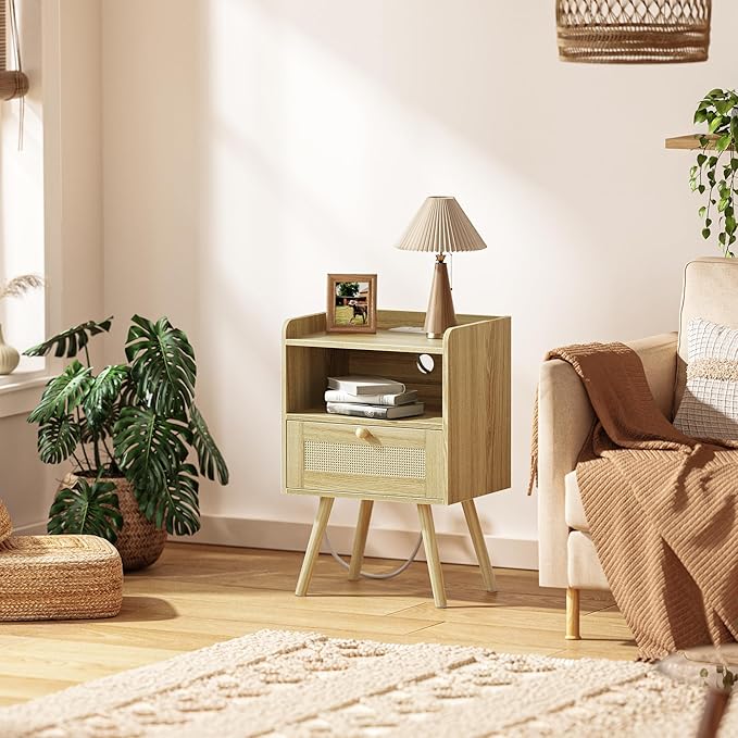 SUPERJARE Nightstand with Charging Station & Rattan-Like Decor Drawer, Rattan End Table with Solid Wood Feet, Bed Side Table with Open Storage, for Bedroom, Living Room, Dormitory - Natural