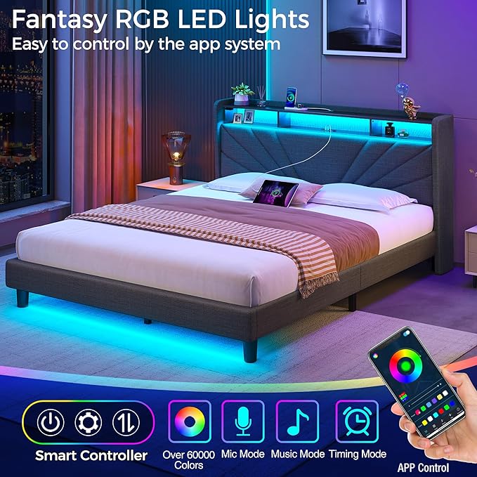 Rolanstar Full Size Bed Frame, Storage Headboard with Charging Station and LED Lights, Upholstered Bed with Heavy Duty Wood Slats, No Box Spring Needed, Noise Free, Easy Assembly, Dark Grey