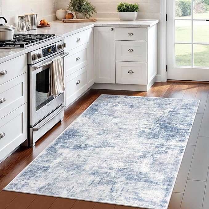 IOHOUZE Abstract Area Rug 4x6 Ft Washable Rugs for Entryway Indoor, Non Slip Small Living Room Rugs Printed Faux Wool Throw Rug, Floor Carpet for Kitchen Nursery Playroom, Light Blue White