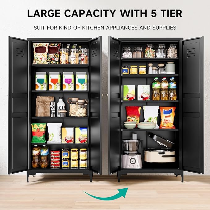 SISESOL Metal Storage Cabinet with Doors and Shelves,Black Storage Cabinet with Leg,Metal Pantry Cabinets,Ventilated Pantry Closet,Tall Large Cupboard for Home,Kitchen,Dining/Living/Laundry Room
