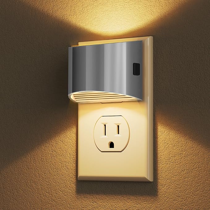 DORESshop LED Night Light[2 Pack], Night Lights Plug into Wall, 3 Level Brightness Adjustable Plug in Night Light, Dusk to Dawn Sensor Nightlights for Adults,Bedroom,Hallway,3000K -Chrome Cover