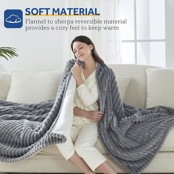 SEALY Electric Blanket Full Size, Soft Ribbed Flannel to Sherpa Reversible Heated Blanket with 10 Heat Settings & 1-12 Hours Auto-Off Overheat Protection, Machine Washable, 72"x84" Light Grey