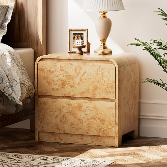 2 Drawer Farmhouse Nightstand with Rounded Edge, Modern Dresser Mid Century Side Table for Bedroom, Burl Finish, Natural