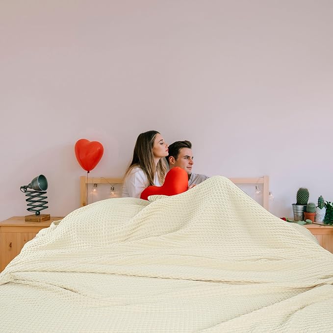 HILLFAIR 100% Cotton Blanket- 120"x120" XXL Oversized King Bed Blankets- Family Size 10 ft x 10 ft Big- Waffle Blankets- All Season Soft Breathable- Extra Large King Cotton Blanket for Bed- Ivory