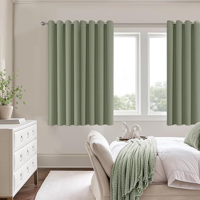 ChrisDowa 100% Blackout sage Solid Curtains 54 Inches Long 2 Panels for Bedroom Living Room,Farmhouse Room Darkening Thermal Insulated Soundproof Grommet Top Window Treatment Drapes,52x54