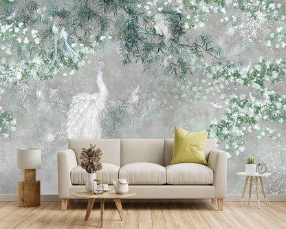 -Green Leaf Botanical Peacock Fabric Wallpaper Wallpaper Living Room Bedroom Bathroom Grey Plant Large Wall Mural- 160"x108"（ not Peel and Stick）