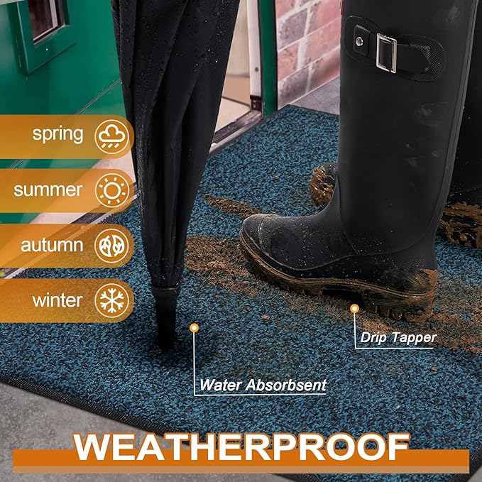 Mibao Front Door Mat, Dirt Trapper Welcome Mat for Outdoor Indoor, Non-Slip Waterproof Doormat, Durable Machine Washable Low Profile Entry Rug for Back Door Outside Patio Porch, 60" x 36", Blue