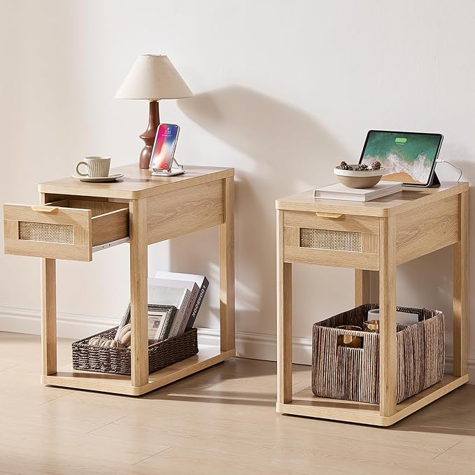 LEYAOYAO Narrow Side Table Set 2, 24x14'' Rattan Night Stand with Charging Station Drawer Storage,Natural Wood Bedside End Table for Small Spaces,Boho Nightstand for Living Room Bedroom