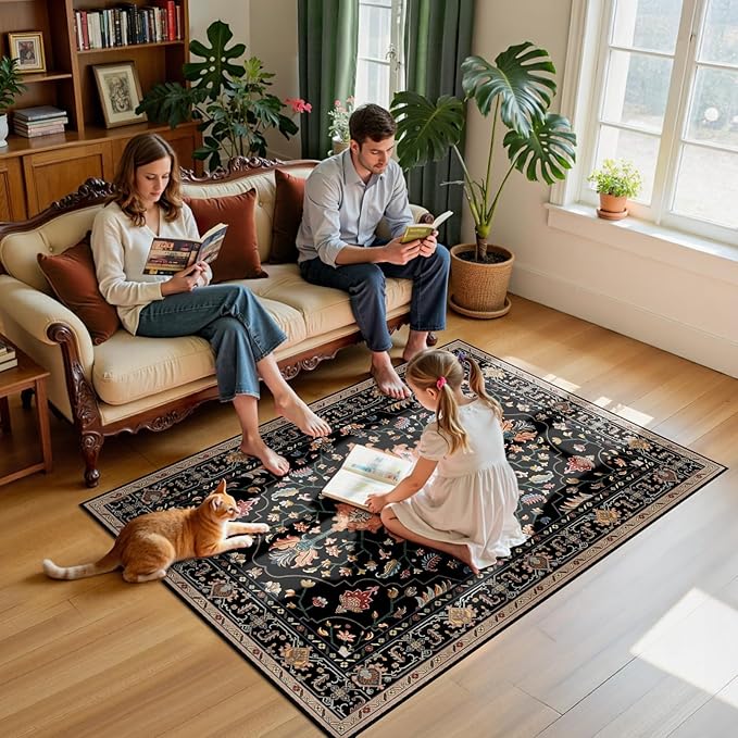 Area Rugs 4'x6' Washable Non-Slip, Floral Vintage Distress Print Pattern Medallion Carpet for Living Room Bedroom Dining Room, Black Colorful Floral Dark Tan