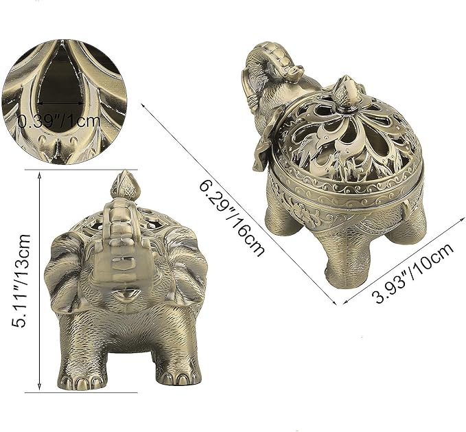 K COOL Metal Backflow Incense Holder Elephant Cone Coil Incense Burner Ash Catcher with Lid, Aromatherapy Ornament Home Office Decoration for Indoor Outdoor (Bronze)