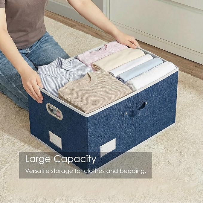 PRANDOM Storage Bins with Lids [3-Pack] Linen Fabric Foldable Storage Boxes Organizer Containers Baskets Cube with Cover Royal Blue(23.4X15.9X11.4)