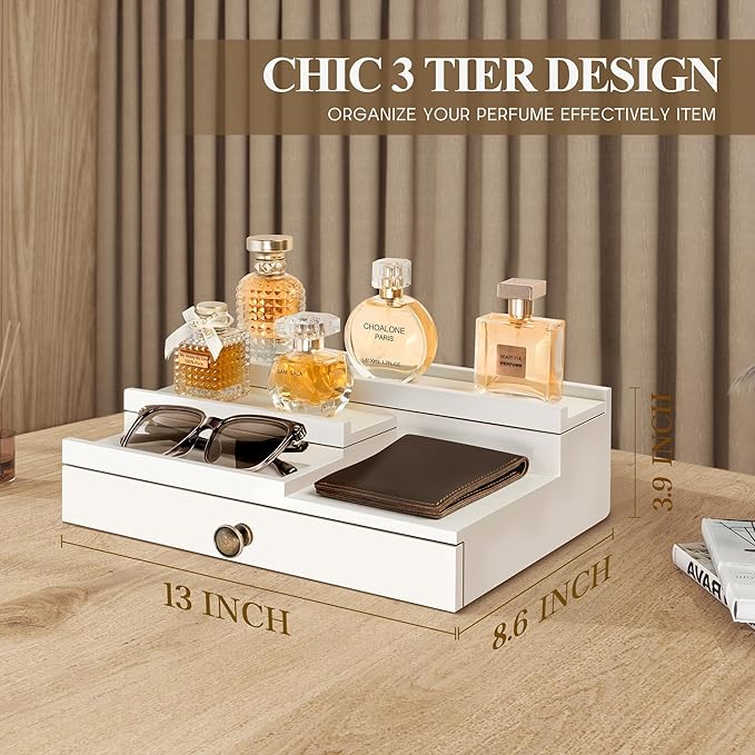 EOSAHR Modern Wooden Cologne Organizer for Room Decor - 3 Tier Cologne Holder with Storage Drawer and Hidden Compartment - Perfume Organizer for Dresser (White)