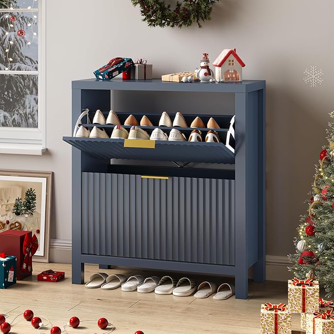 Shoe Cabinet Storage for Entryway, Fluted Shoe Cabinet with 2 Flip Drawers, Hidden Shoe Rack Tall Freestanding Shoe Organizer with Legs for Hallway, Blue