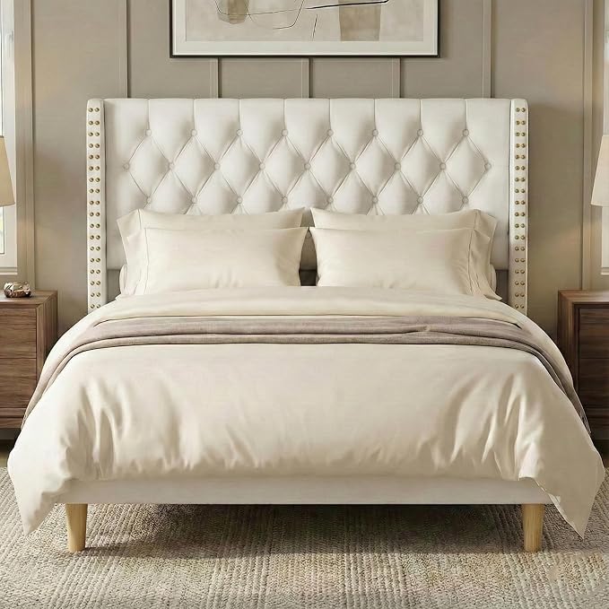 Queen Bed Frame White Velvet, 47.2" Tall Wingback Headboard with Gold Nailhead Trim, Upholstered Platform Bed with Diamond Tufting, 1000lbs Heavy Duty Support, No Box Spring Needed