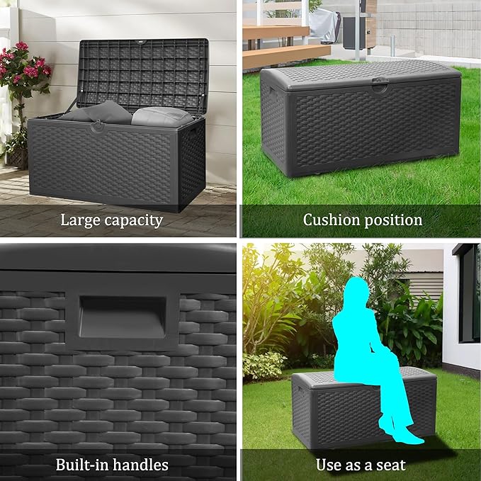 90 Gallon Plus Outdoor Storage Box Waterproof Lockable Resin Deck Box Large, Patio Storage Bin for Pool Accessories Cushion Furniture, Garden Tools, UV-Resistant Outside Delivery Black