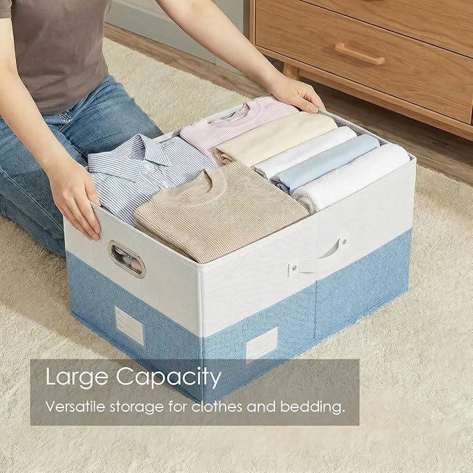 PRANDOM Collapsible Storage Bins with Lids [3-Pack] Linen Fabric Foldable Storage Boxes Organizer Containers Baskets Cubes with Cover for Bedroom Closet Nursery Blue&White (23.4X15.9X11.4)