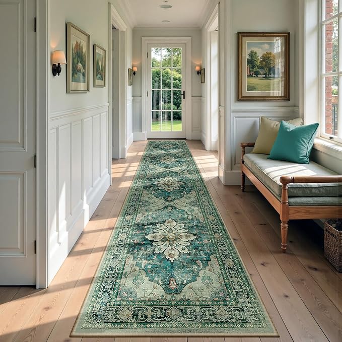Area Rugs 2'x9' Washable Non-Slip, Floral Vintage Distress Print Pattern Medallion Carpet for Living Room Bedroom Dining Room, Dark Blue Vintage