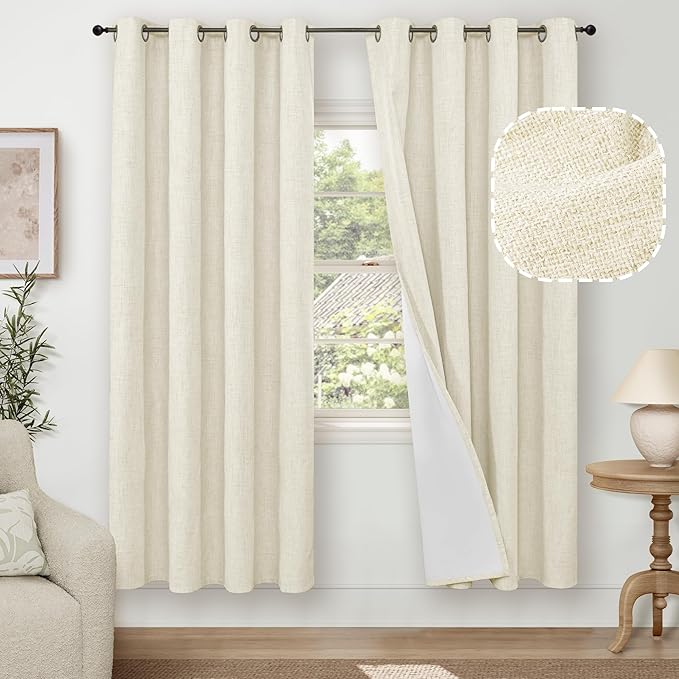 Cream 100% Blackout Curtains for Living Room 72 Inch Length 2 Panels Set, Thermal Insulated Light Blocking Faux Linen Curtains for Bedroom, Bronze Grommet Boho Window Drape Each 52" Wide