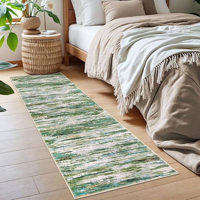 2x6 Modern Abstract Runner Rug for Hallway, Green Grey Multi Super Soft Hallway Decor Kitchen Rugs with Non-Slip, Non-Shedding Washable Rug for Entryway Bedroom Laundry Indoor