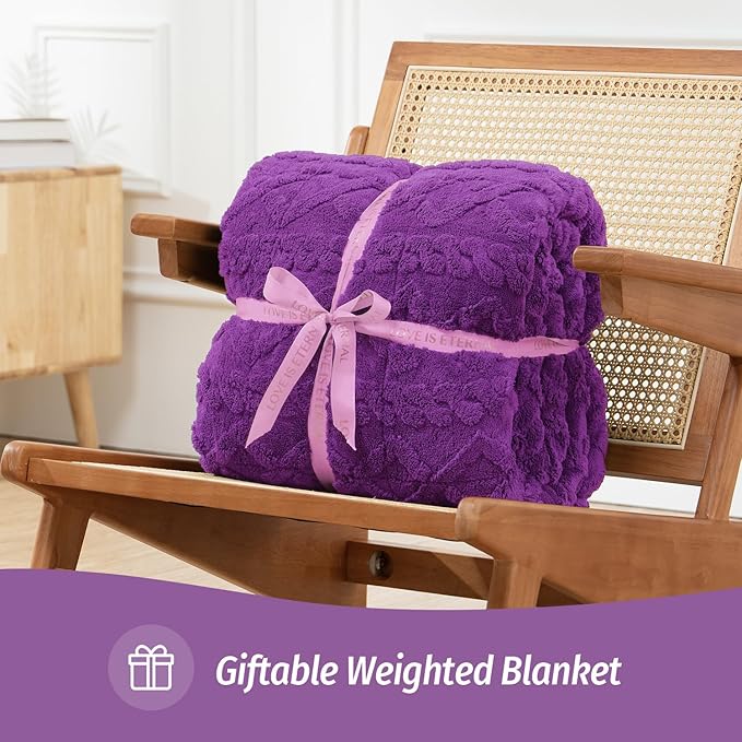 Wemore Weighted Blanket for Adults Twin Size 15 lbs, Dual Sided Soft Fuzzy Jacquard Sherpa Weighted Blankets Throw, Cozy Fluffy Knitted Heavy Blanket for Couch Bed, Dark Purple, 48 x 72 inches