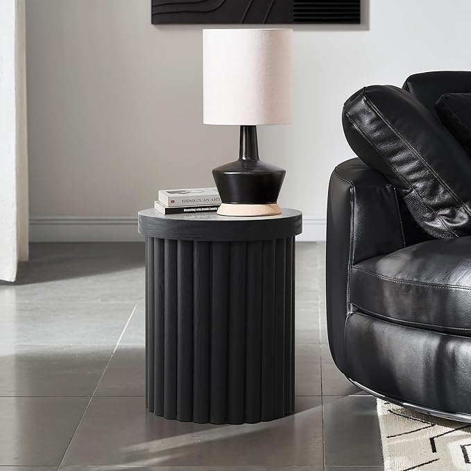 LuxenHome Wood Round Side Table, 19" Fluted End Table for Small Spaces, Mid Century Modern Black Wooden Accent Tables, Small Bedside Table, Couch Side Table, Nightstand for Living Room Bedroom Couch