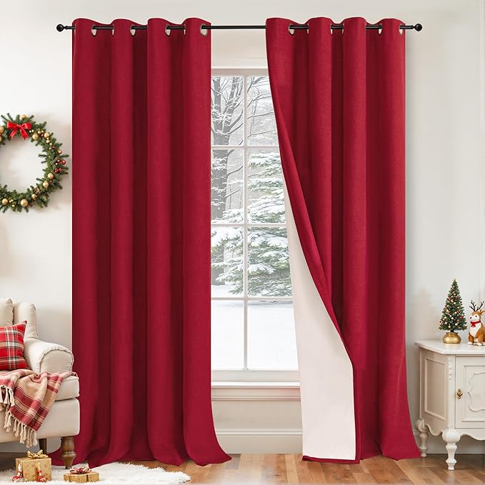 Red Linen Blackout Christmas Curtains for Living Room - Thermal Insulated Heavy Curtains 84 Inch Long, Thick Light Blocking Soundproof Curtains for Winter Bedroom Each 52x84 Inch 2 Panels