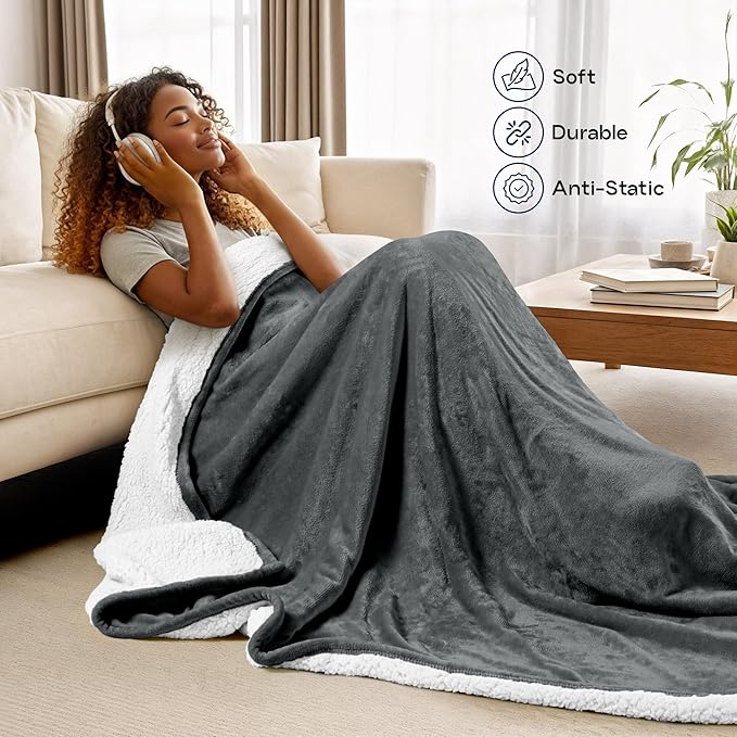 Utopia Bedding Sherpa Blanket King Size (Grey, 90x102 Inches) - Soft Lightweight Plush Fleece Reversible Blanket for Bed, Sofa, Couch, Camping and Travel