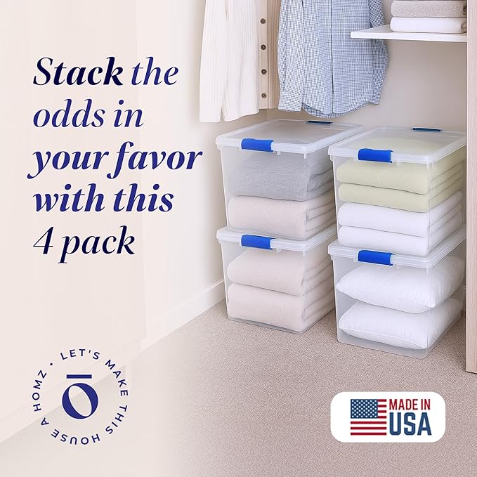 HOMZ 4-Pack 31 Quart Latching Lid, Clear Plastic Storage Organizer Bins, Blue – Stackable Containers for Home & Office Shelves, Kitchen, Garage, and Bathroom Organization