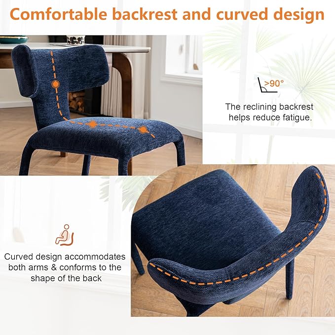 Kidol & Shellder Dining Chairs Set of 6,Modern Upholstered Fabric Dining Room Chairs with Curved Barrel Back,Armless Kitchen Chairs with Metal Legs and Padded Seat for Living Room and Bedroom Blue