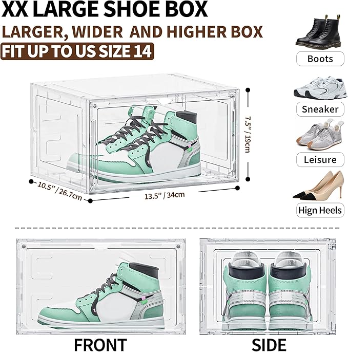 12 Pack XX Large Shoe Organizer, Heavy-Duty Hard Thicken Plastic Clear Stackable Shoe Storage Box Organizer for Closet, Space-Saving Shoe Rack Display Case Bin Containers for Sneakers, Clear