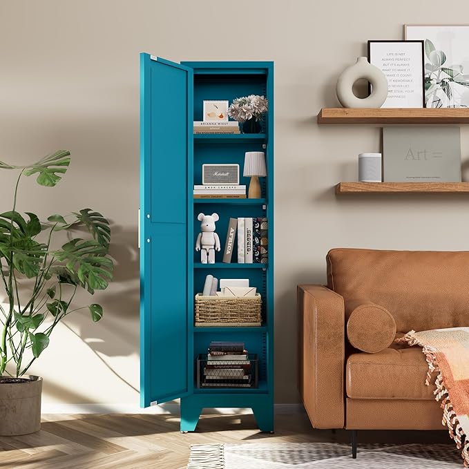 COFaR Tall Bathroom Cabinet, Metal Farmhouse Narrow Slim Storage Cabinet with Adjustable Shelves Barn Door for Bathrooms, Kitchens, Entrances Living Room (Blue)