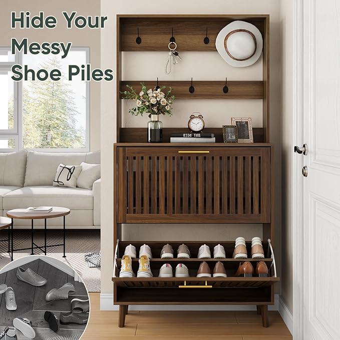 Upgraded 62.99“ Tall Shoe Cabinet with Rack and 7 Hooks, Flip-Down Slatted Drawer Shoe Storage & Coat Rack, Narrow Entryway Shoe Organizer, Walnut