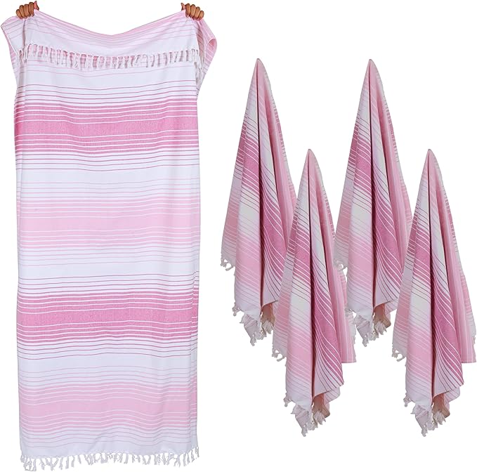 Native Fab Turkish Stripe Beach Towels 4 Pack - 40x71 Inch 100% Cotton Quick Dry Lightweight Thin Sand Free - Extra Large Peshtemal Towel for Adults Travel Bath Spa Pool Camp, Pink