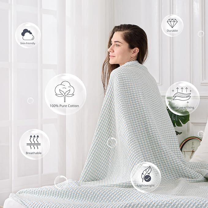 EGOHOME 100% Cotton Queen Size Blankets for Bed,Soft Jacquard Waffle Weave Blanket,Lightweight and Breathable Unique Dual-Tone Texture Cotton Blanket for All Seasons-Angel Falls Blue,90 x 90 Inches