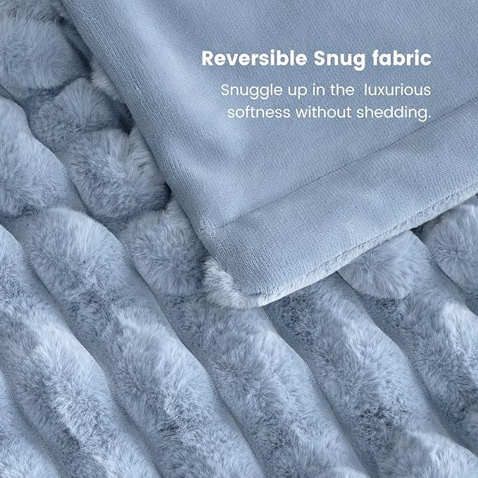 Cozy Bliss Faux Fur Throw Blanket for Couch, Cozy Warm Plush Striped Blanket for Sofa Bedroom Living Room, 50 * 60 Inches Light Blue
