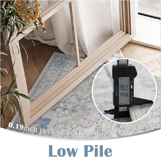 jinchan 3x5 Machine Washable Area Rugs for Entryway - Distressed Vintage Floral Ultra-Thin Low-Pile Soft Non-Shedding Indoor Floor Carpet for Kitchen Bedroom Entrance Laundry Living Room(3x5ft, Blue)