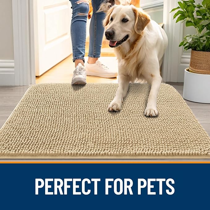 OLANLY Dog Door Mat for Muddy Paws 59x20, Absorbs Moisture and Dirt, Absorbent Non-Slip Washable Doormat, Quick Dry Chenille Mud Mat for Dogs, Entry Indoor Entryway Carpet for Inside Floor, Beige