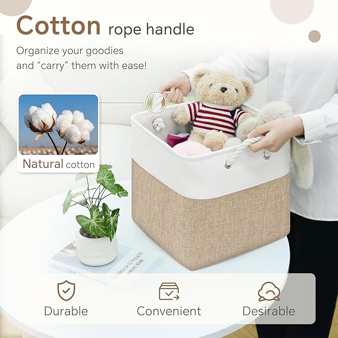 Fabric Cubes Storage Basket, 6 Pack 11x11 inch with Handles Cube Storage Bins, for Shelves, Home, Office Organizers (White/Khaki)