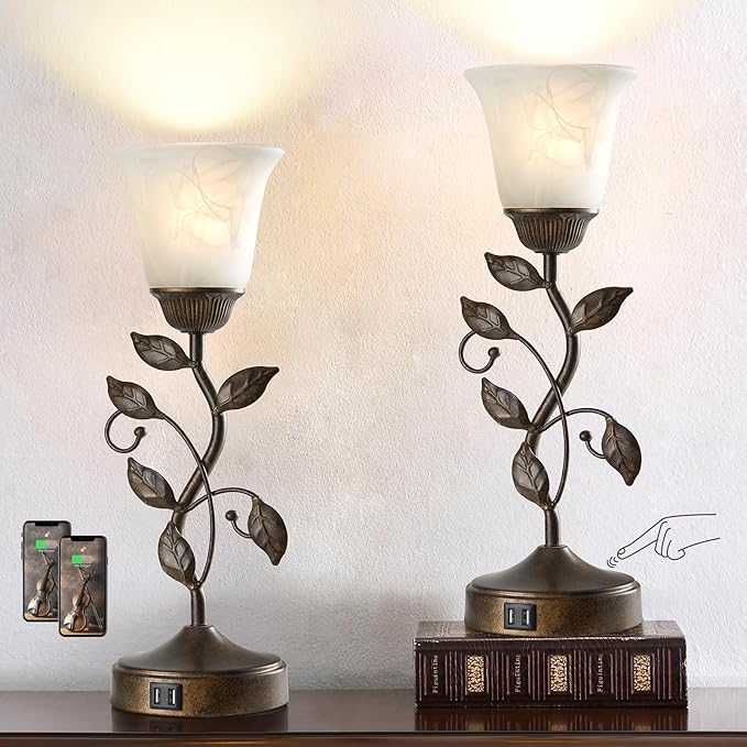 RORIANO Set of 2 Touch Farmhouse Bedroom Table Lamps, Nightstand Vintage Flower Lamps with 2 USB Ports, 3 Way Dimmable Leaf Lamp for Living Room with White Glass Shades, Bulbs Included