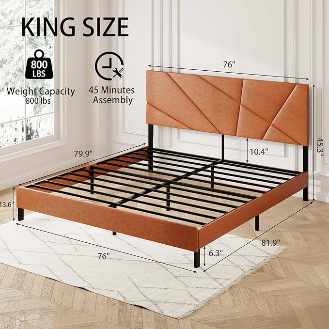 Upholstered King Size Platform Bed Frame with Faux Leather Padded Headboard, Sturdy Metal Slats Support, No Box Spring Needed, Vintage Brown