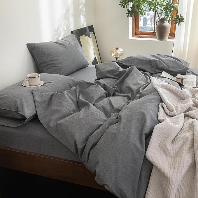 FOSSA Duvet Cover Set 100% Washed Cotton Linen Feel Super Soft Breathable Cozy 3 Pieces Bedding Sets Solid Dark Grey Super Queen