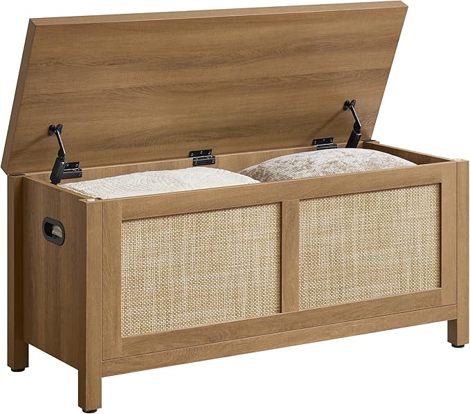 SICOTAS Rattan Storage Chest - 39.4" Storage Bench for Bedroom, Boho Storage Truck with 2 Safety Hinges and Flip Top for Living Room Entryway, Supports 220 lb, Oak