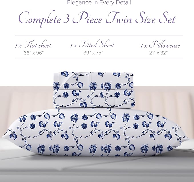 Carressa Linen Luxury Egyptian Cotton Twin XL Printed Sheet Set - 600 Thread Count Extra Long Staple 3 PC Set, Floral Blue Twin XL Sheets, Soft, Cooling Sateen Weave Sheets Upto 18 in Deep Pocket