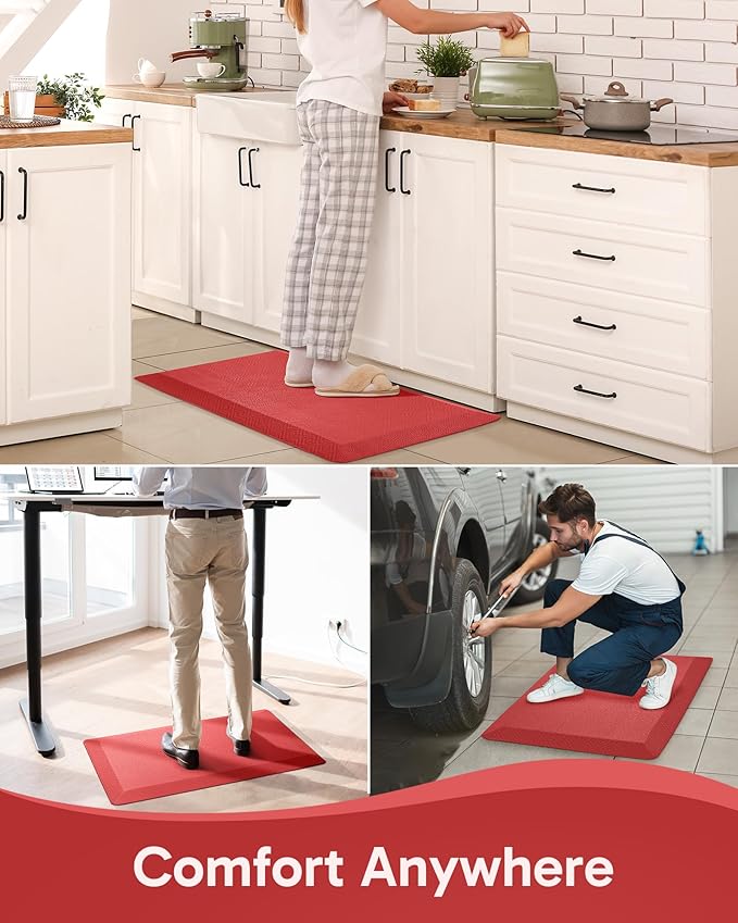 Ophanie Kitchen mats for Floor, 3/4 inch Thick, Kitchen Rugs, 20''x48'' Anti Fatigue Standing Cushioned Mat, Waterproof,Comfort Ergonomic mat for Office, Home, Sink, Red Non-Slip Bottom