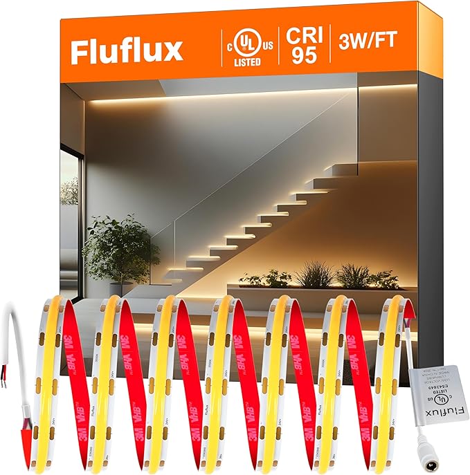 COB LED Strip Lights Warm White 3000K, 24V DC Premium Tape Light with Strong 3M VHB Tape, CRI 95, UL Listed, Cuttable, Dimmable, 3W/FT for Bedroom, Kitchen, Cabinet (NO Power Supply)