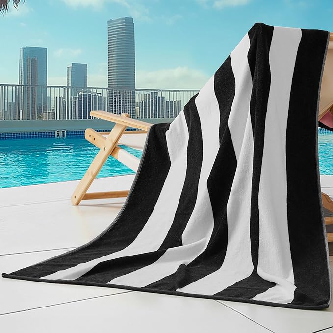 Juicy Couture Black/White Green/Pink Reversible Cabana 36" x 72" 100% Cotton Oversized Beach Towel - Soft, Absorbent, and Quick-Drying, Perfect for Beach, Pool, or Travel