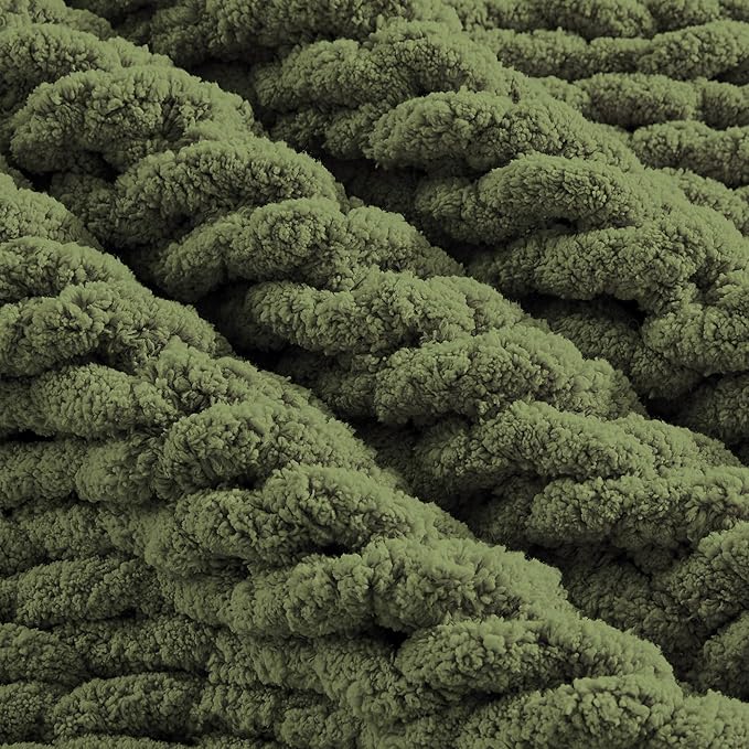 Carriediosa Chunky Knit Throw Blanket 50" X 60", 100% Hand Made Large Chenille Loop Yarn Soft Fluffy Throws for Couch Sofa Bed, Big Crochet Cozy Heavy Thick Cable Woven Blankets, Olive Green