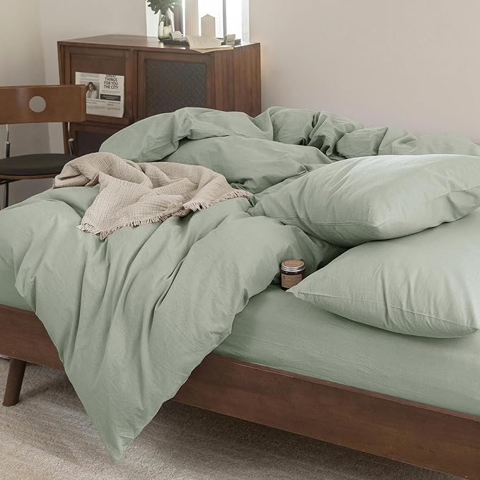 FOSSA Duvet Cover Set 100% Washed Cotton Linen Feel Super Soft Breathable Cozy 3 Pieces Bedding Sets Solid Sage Green King