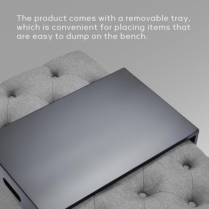 HUIMO 51-inch Storage Bench Ottoman with Removable Tray, Cotton Linen Blend Fabric, Button Tufted, Safety Hinge, 300lb Weight Capacity, Gray